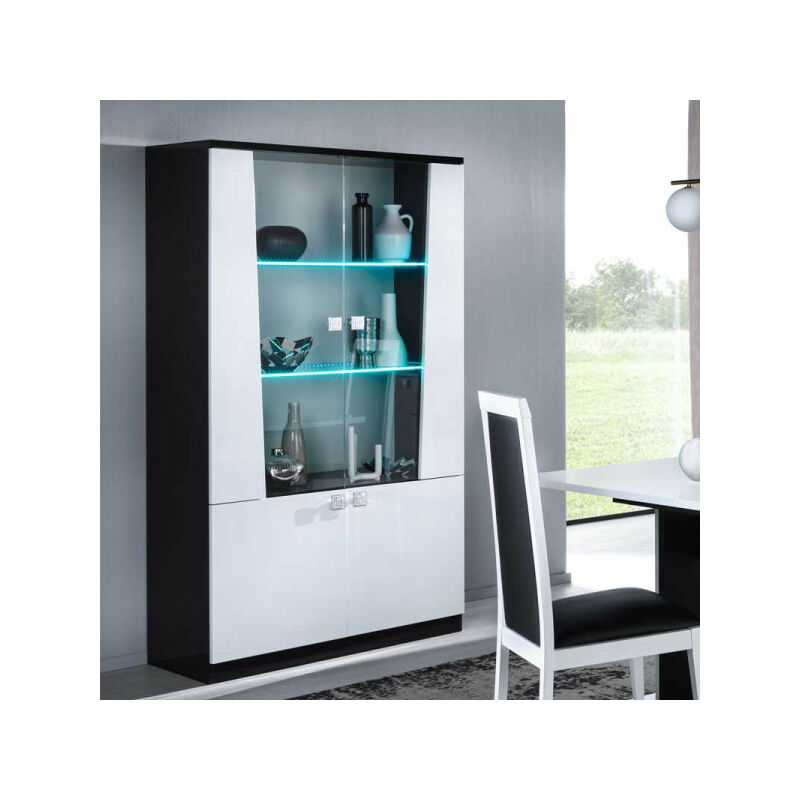 TMM - Vitrine 4 portes Laqué Blanc et Noir brillant Leds - lasina - l 104 x l 47 x h 189 cm