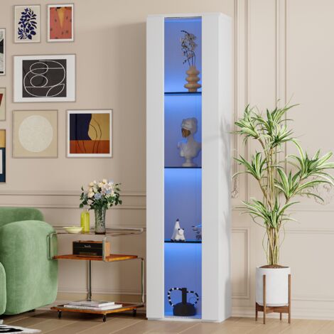 Vitrine 40x29x170 cm, Vitrine en verre , Vitrine collection, avec éclairage LED à changement de couleur, cloison en verre, panneau acrylique, vitrine LED - Blanc