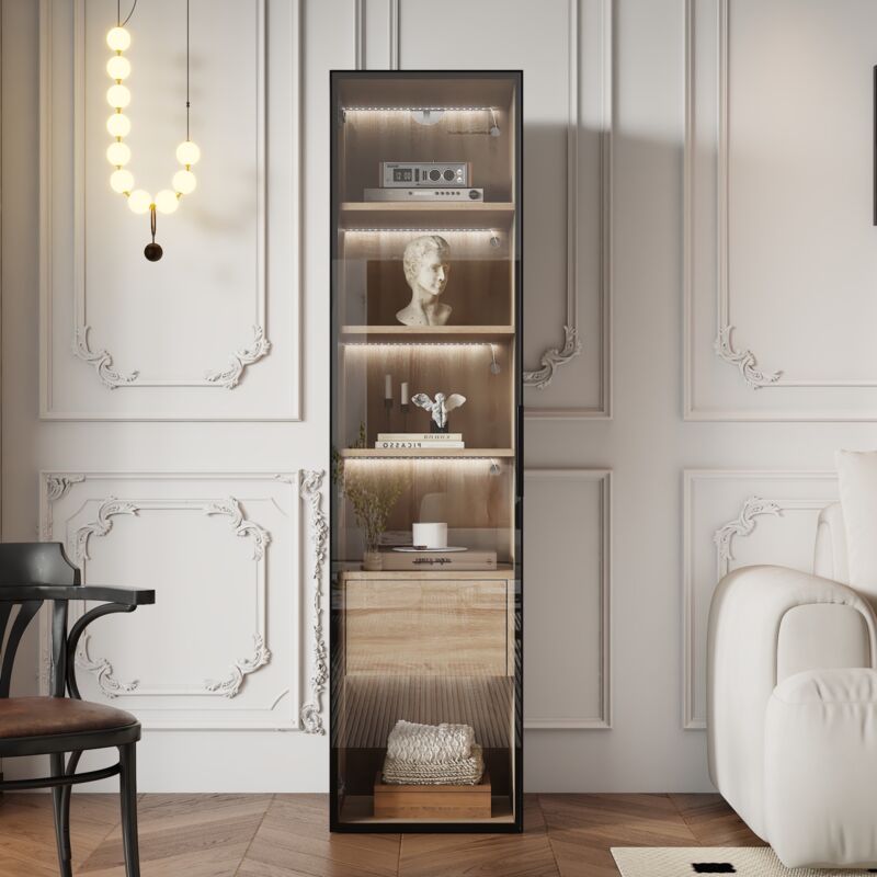Eifson - Vitrine 40x34,5x165 cm, avec 1 grand tiroir, 1 porte vitrée, éclairage led, 5 séparateurs intérieurs, convient pour salon et salle de bain