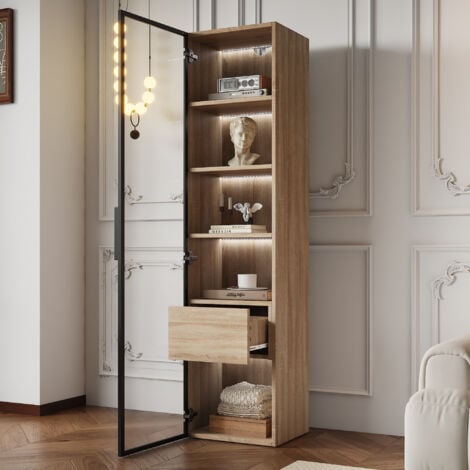 MODFU Vitrine 40x34,5x165cm avec 1 tiroir 1 porte, meuble de salle de bain, commode, LED, MDF, couleur naturelle