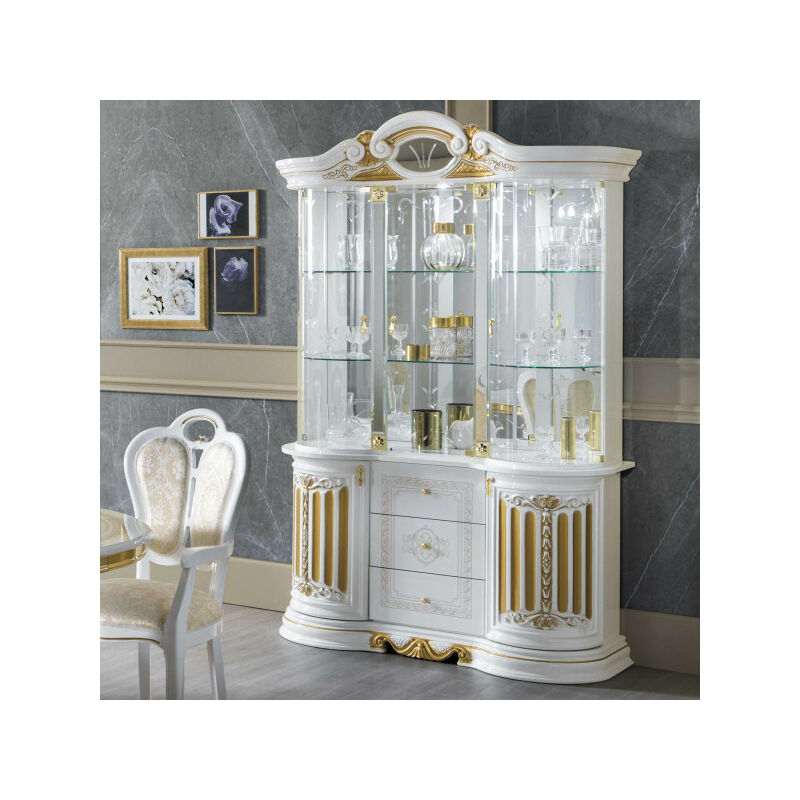 TMM - Vitrine 5 portes battantes 3 tiroirs Blanc/Or à led - adele - l 139 x l 50 x h 213 cm