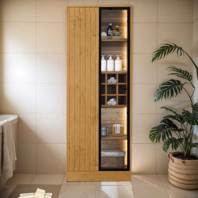 Eifson - Vitrine 60x35x160 cm, avec éclairage led, porte vitrée, casier à vin, cloisons intérieures, convient pour salon et bureau - Naturelle