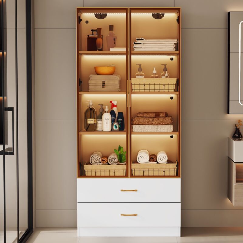 Eifson - Vitrine 75x34,5x170 cm, avec 2 grands tiroirs, 2 portes vitrées, éclairage led, 4 cloisons intérieures, pour salon et salle de bain - Blanc