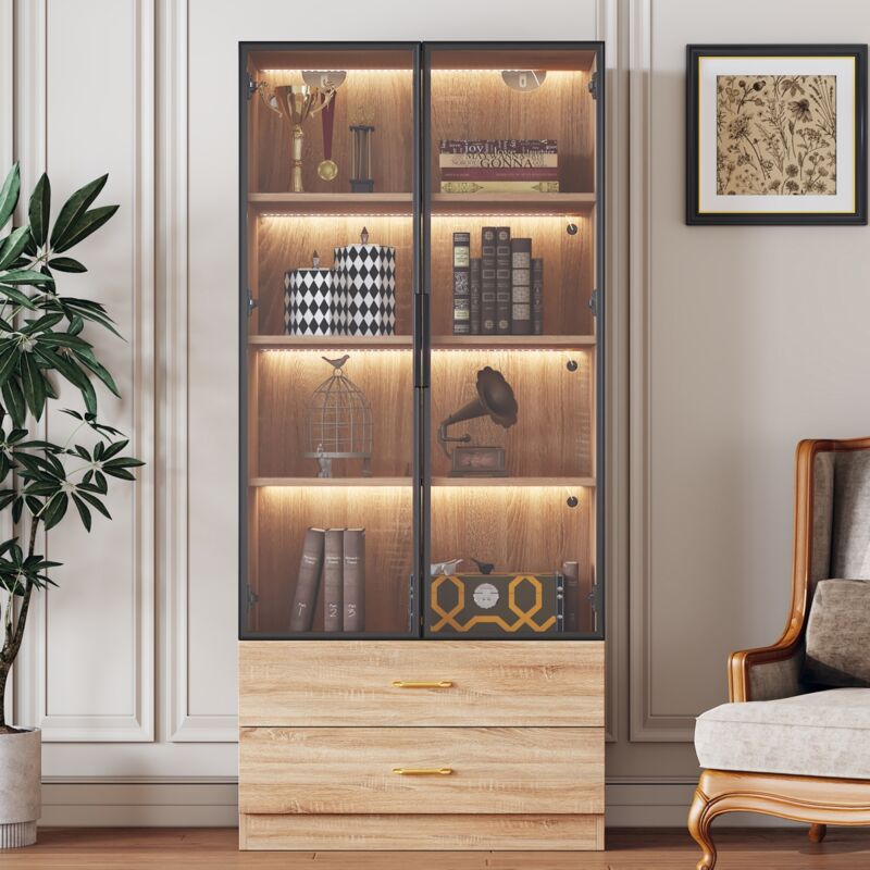 Eifson - Vitrine 75x34,5x170 cm, avec 2 grands tiroirs, 2 portes vitrées, éclairage led, 4 cloisons intérieures, pour salon et salle de bain - Naturel