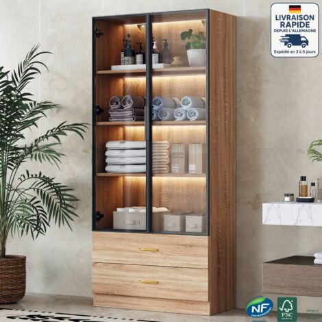 Vitrine 75x34,5x170cm avec 2 tiroirs 2 portes, meuble de salle de bain, commode, LED, MDF, naturel
