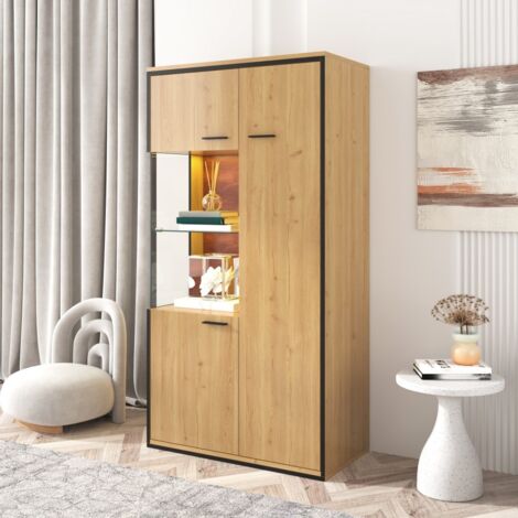 Vitrine 77,5 x 40 x 150 cm – Vitrinen-Sideboard mit LED-Beleuchtung – Glastür & verstellbare Einlegeböden – Eiche