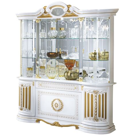Vitrine 8 portes 1 tiroir bois vernis laqué brillant blanc et doré Lesly 173cm