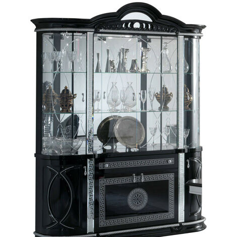Vitrine 8 portes 1 tiroir bois vernis laqué brillant noir et gris Venus 163cm