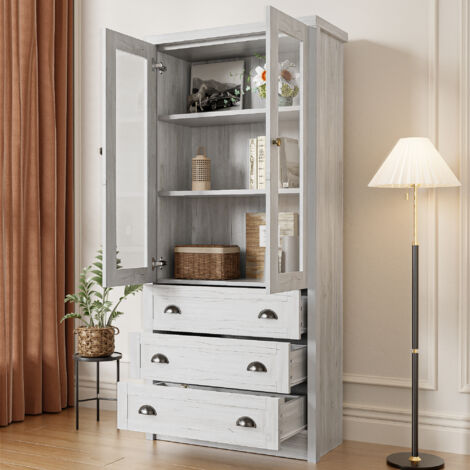 Vitrine 80 x 34 x 171 cm. Elegantes Design, Spanplatte und MDF. Glastüren. Kupfergriffe in Holzoptik.