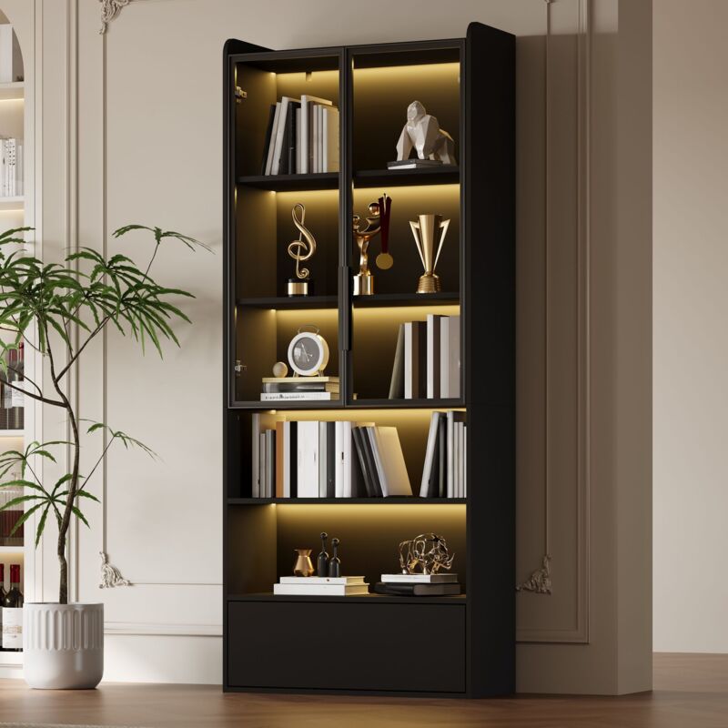 Vitrine 80 x 34 x 180 cm, armoire haute avec 1 tiroir et portes vitrées, vitrine haute en verre avec éclairage LED et compartiment ouvert, étagère