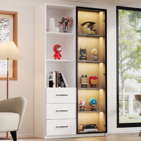Vitrine 80x40x160,bibliothèque,porte en verre trempé,3 tiroirs,3 compartiments ouverts,structure en aluminium,Vitrine LED,charnières à fermeture douce