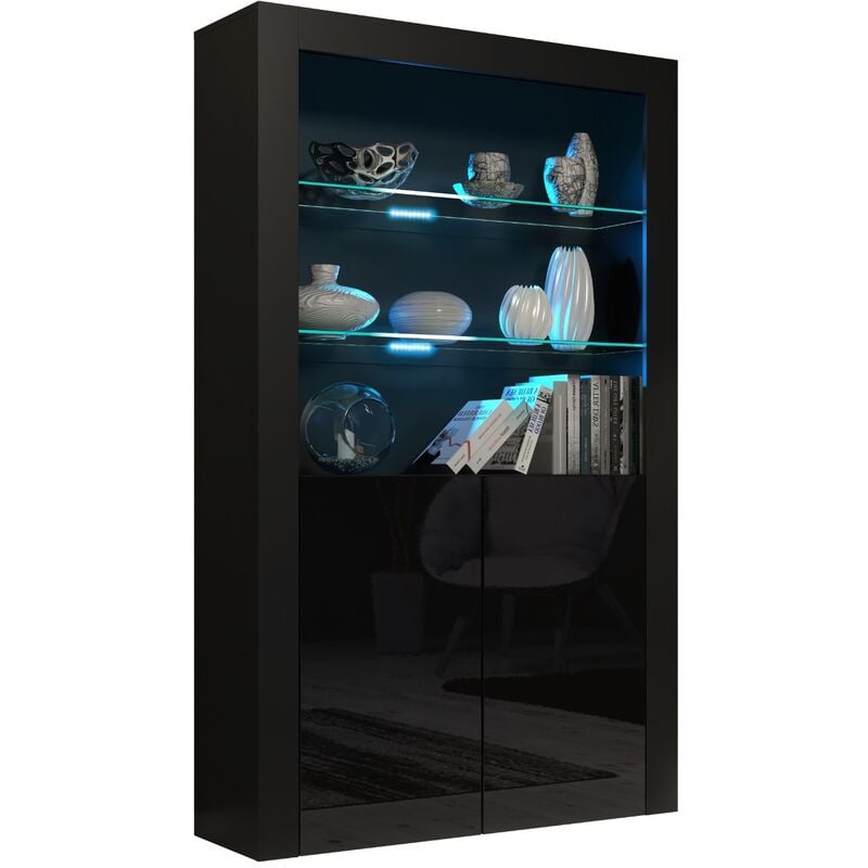 Vitrine 90 cm jive portes noir laquées avec leds