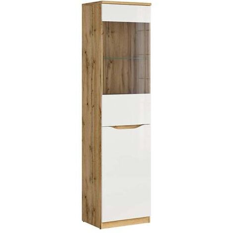 Vitrine à 2 portes avec verre trempé, coloris chêne Wotan/blanc brillant - Longueur 50 x Profondeur 39,5 x Hauteur 197,5 cm
