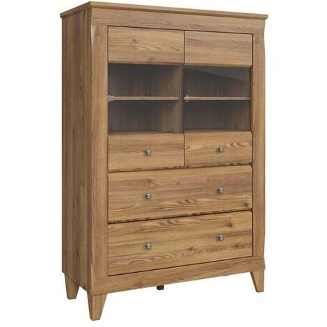 Vitrine à 2 portes en verre trempé et 2 tiroirs avec éclairage LED, coloris Mélèze doré - Longueur 102 x Profondeur 47 x Hauteur 150 cm