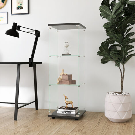 Vitrine à 3 niveaux,verre transparent moderne vitrine,robuste et durable casiers pour objets de collection,facile à nettoyer étagère en verre de type sol, Noir