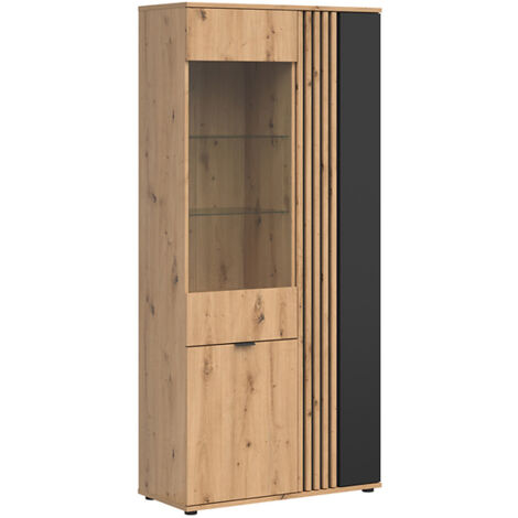 Vitrine à 3 portes avec décor lamelles,coloris Chêne artisan/Noir - Longueur 90,5 x Profondeur 40 x Hauteur 195,5 cm