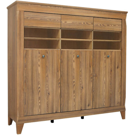 Vitrine à 3 portes avec éclairage LED,commode meuble de rangement coloris Mélèze doré - Longueur 156 x Profondeur 47 x Hauteur 150 cm