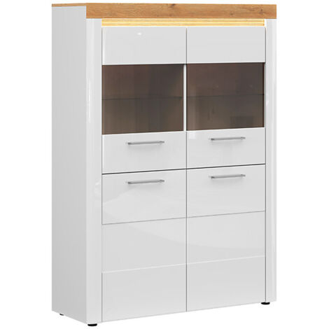 Vitrine à 4 portes avec éclairage LED coloris Chêne doré/Blanc haute brillance - Longueur 119 x Profondeur 42 x Hauteur 166 cm