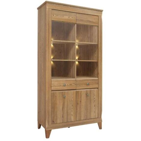 Vitrine à 4 portes avec éclairage LED, coloris Mélèze doré - Longueur 102 x Profondeur 47 x Hauteur 202 cm