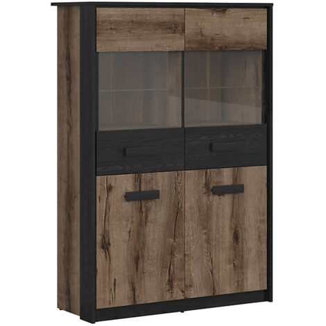 Vitrine à 4 portes, coloris Chêne marron foncé/Chêne noir - Longueur 100 x Profondeur 41 x Hauteur 145 cm
