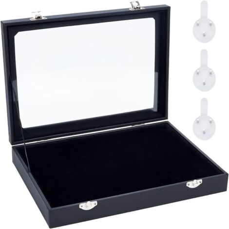 Vitrine à Épingles en Velours Noir, 28x20x4.85cm Broche à Suspendre Murale Rangement pour Bijoux Boîtes de Présentation en Bois avec Fenêtre et Cintres pour Monnaie Épingles Badges Affichage