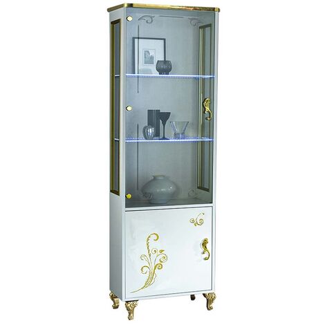 Vitrine à LED 2 portes bois vernis brillant blanc et doré Jade 60cm