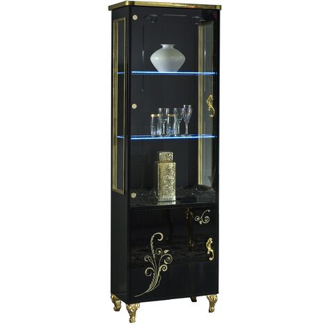 Vitrine à LED 2 portes bois vernis brillant noir et doré Jade 60cm