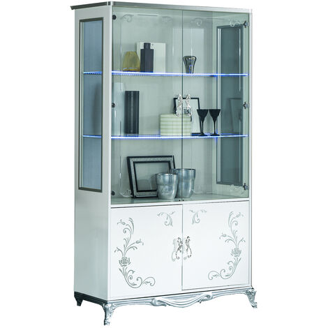 Vitrine à LED 4 portes bois laqué blanc et argent Dannie