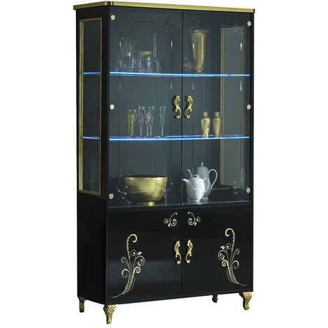 Vitrine à LED 4 portes bois vernis brillant noir et doré Jade 60cm