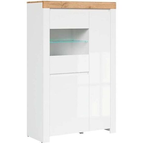 Vitrine à LED meuble de rangement à 3 portes,coloris Blanc/Chêne wotan - Longueur 98 x Profondeur 42 x Hauteur 156,5 cm