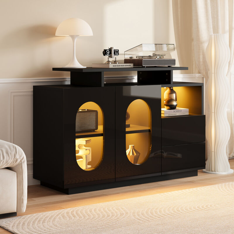 Gutent – Vitrine à portes en verre ovale noir – Éclairage LED intégré – Design moderne avec étagères réglables – Matériaux premium MDF et verre trempé