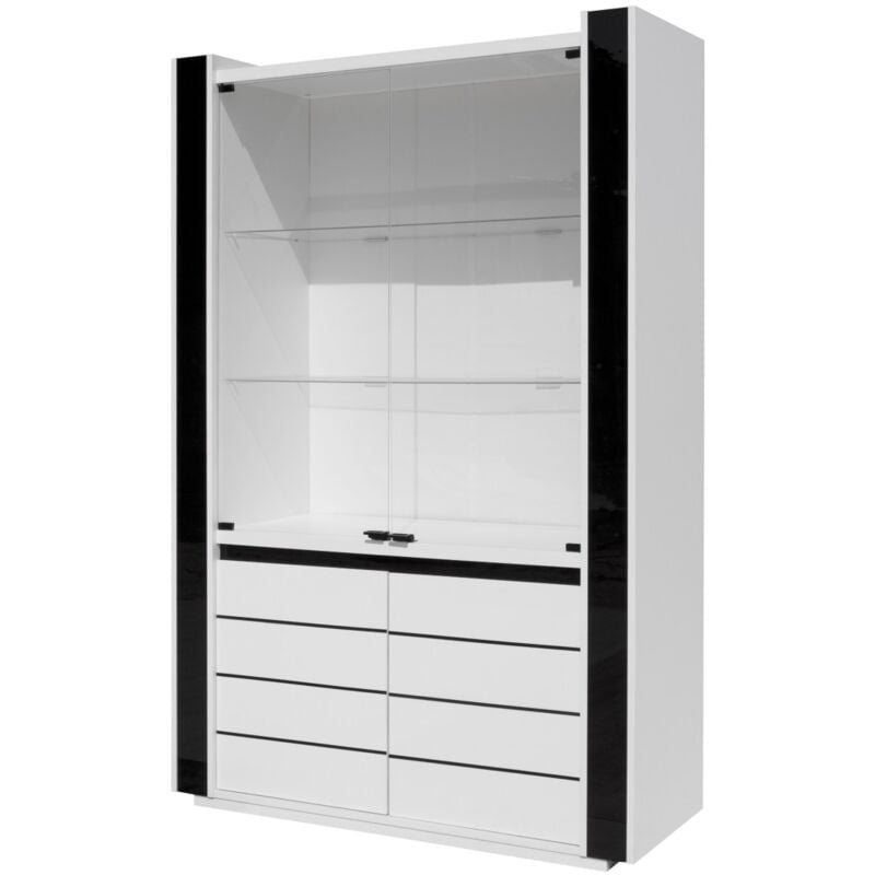 Meublorama - Vitrine / argentier / vaisselier lina coloris blanc avec façades blanches et noires brillantes – 120 x 185 x 45 cm