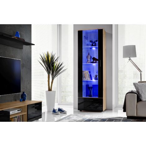 Vitrine armoire Alessandria Wotan/noir 60 cm x 192 cm x 42 cm – 3 étagères en verre – Éclairage LED intégré pour salon, chambre, entrée