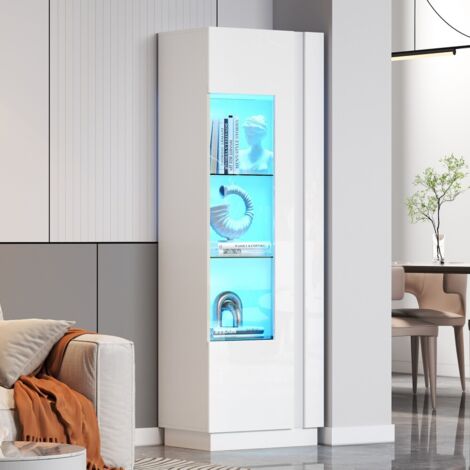Vitrine-Armoire-Brillance-LED-3-Etageres-Verre-Highboard-Rangement-Blanc-60x40x180cm
