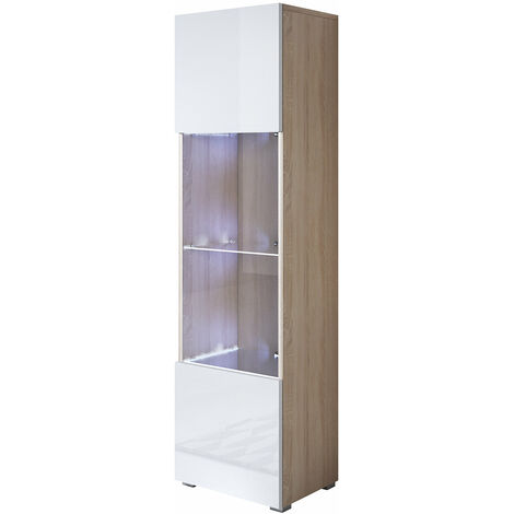 Vitrine Armoire LED 40 x 165 x 29cm Sonoma et Blanc Finition brillante Meuble de Rangement 1 porte 4 compartiments Modèle LUKE V6 - Sonoma/White