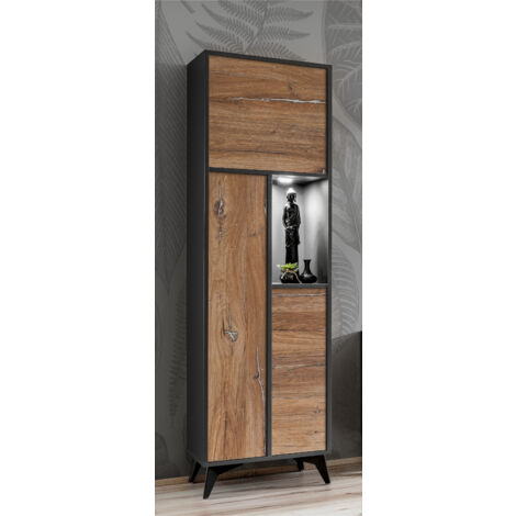 Vitrine armoire Orvieto – Chêne/anthracite – Largeur 51 cm x Hauteur 187 cm x Profondeur 40 cm – 7 rangements dont éclairage LED