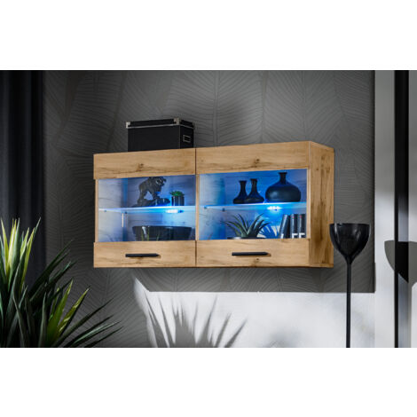 Vitrine armoire Savona 100 cm – Hauteur 50 cm – Profondeur 30 cm – 2 étagères en verre – Panneaux laminés résistants à l'abrasion