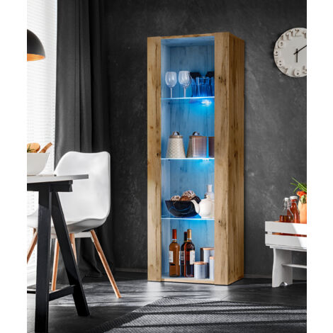 Vitrine armoire Tivoli 55cm x 159cm x 35cm – 3 étagères en verre – Panneaux laminés résistants – Éclairage LED bleu en option