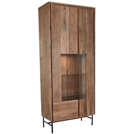 Vitrine, armoire vaisselier en bois d' acacia/verre coloris marron - Longueur 80 x Profondeur 40 x Hauteur 197 cm -PEGANE-