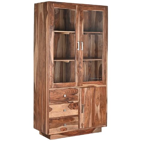 Vitrine, armoire vaisselier en bois/verre coloris marron/naturel - Longueur 100 x Profondeur 42 x Hauteur 190 cm -PEGANE-