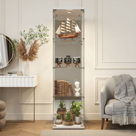 Vitrine autoportante en verre, quatre étagères, une porte, verre trempé, avec éclairage LED et panneau de base, Blanc