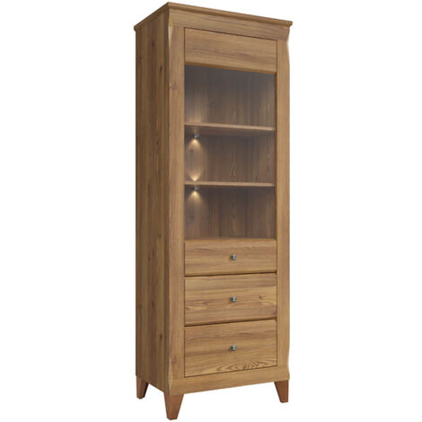 Vitrine avec 1 porte et 2 tiroirs fermeture soft-close,éclairage LED,coloris Mélèze doré - Longueur 72 x Profondeur 47 x Hauteur 202 cm