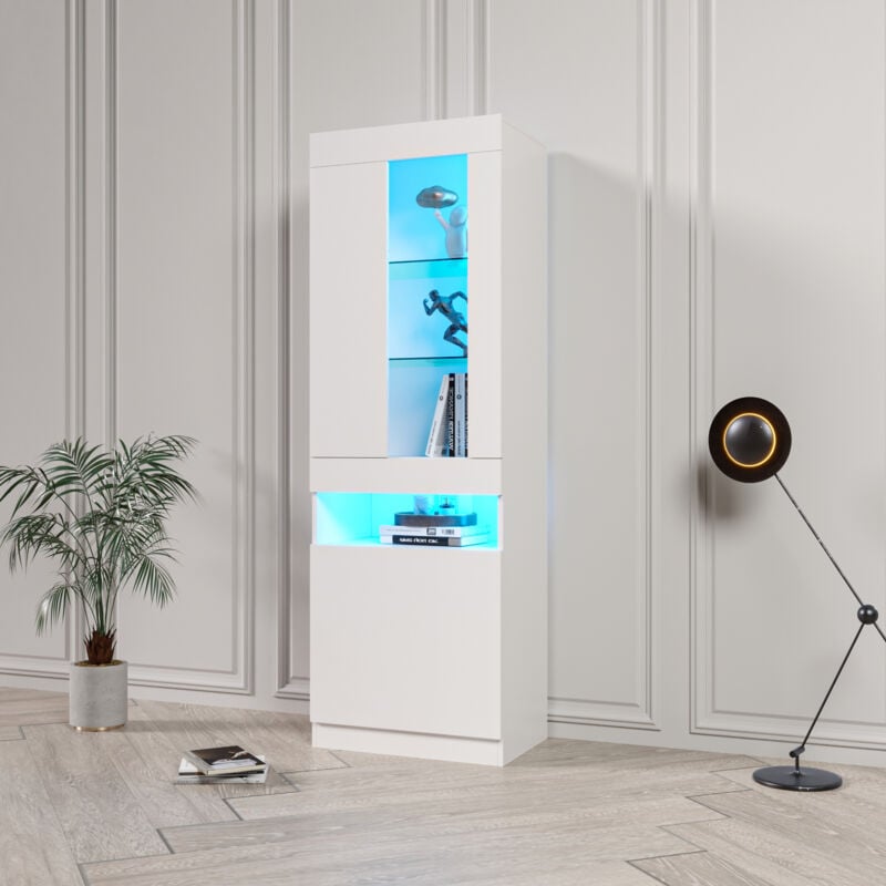 Redom - Vitrine avec 16 couleurs, vitrine d'éclairage led, vitrine sur pied, vitrine de rangement en bois, meuble de salon, Blanc