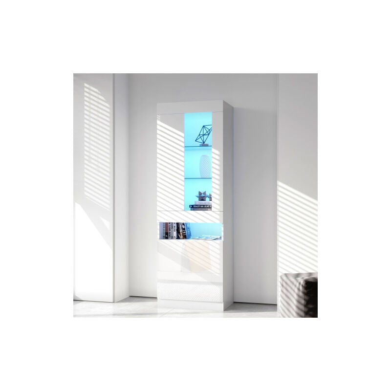 Okwish - Vitrine blanche, meubble buffet avec portes transparentes, éclairage led , pour salon et chambre, 50x40x180 cm