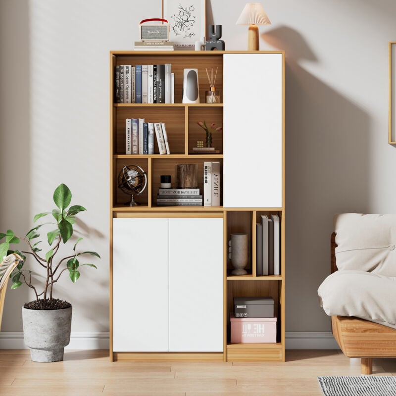 Modernluxe - Vitrine avec 3 portes et étagères réglables - panneaux de particules - Naturel & Blanc