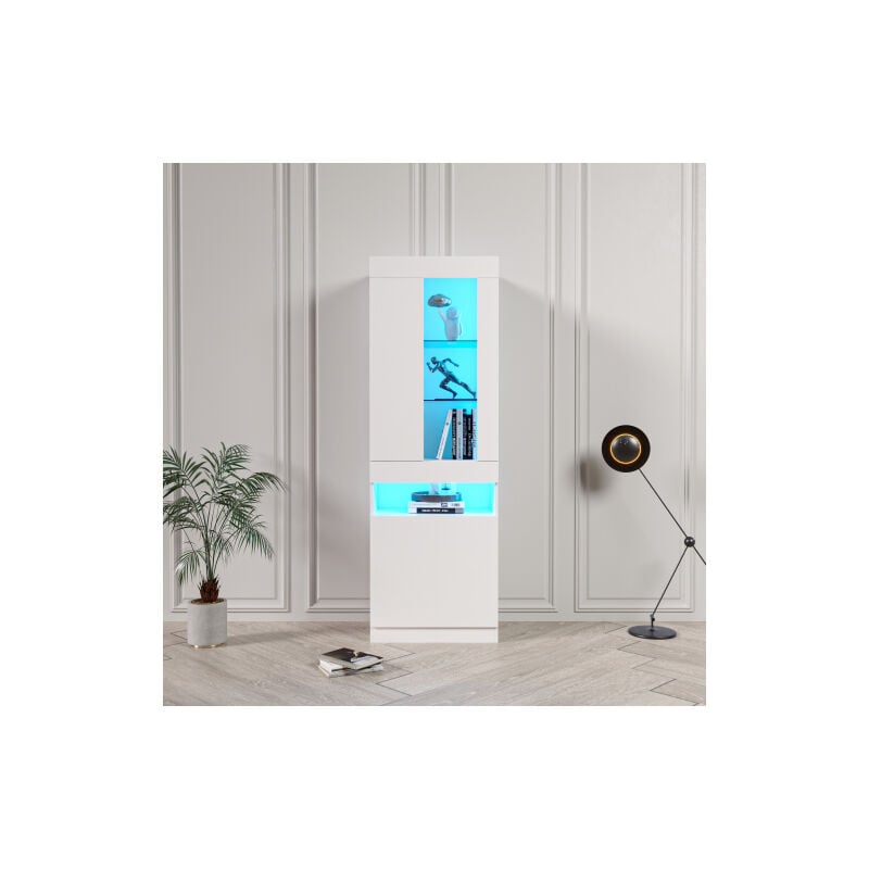 Vitrine avec éclairage led 16 couleurs, Armoire led, buffet de salon avec espace de rangement - Blanc