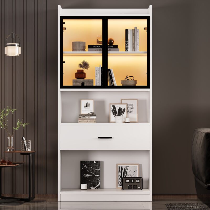 Tanant - Vitrine avec éclairage led, meuble haut avec 1 tiroir, étagère de rangement à porte vitrée escamotable, vitrine de salon, vitrine