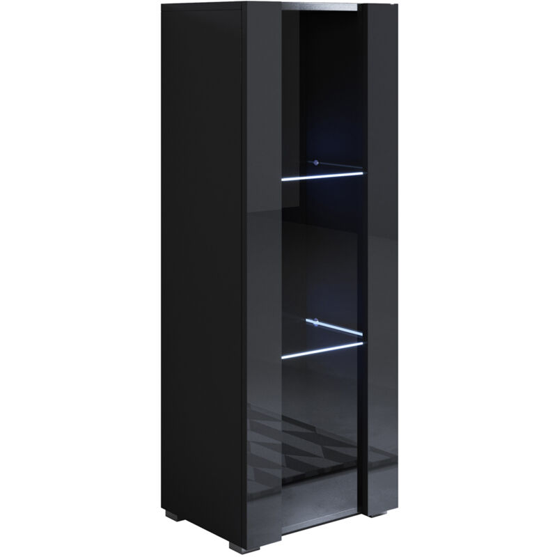Muebles Bonitos - Vitrine avec pieds 2 cm avec led 1 porte Meuble de Rangement avec pieds 40 x 128 x 29cm 3 compartiments Modèle Luke V2 Noir
