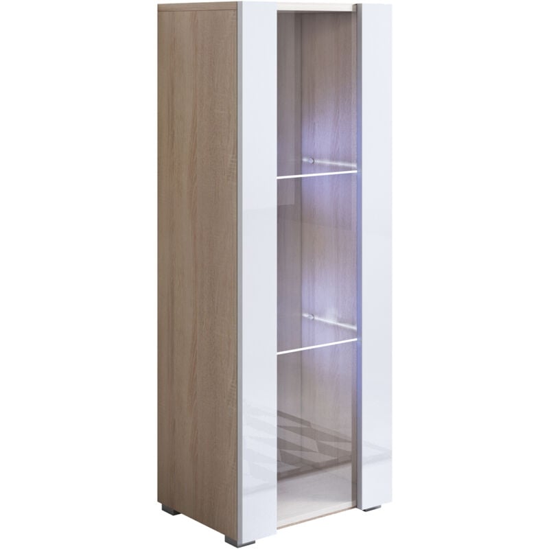 Muebles Bonitos - Vitrine avec pieds 2 cm avec led 1 porte Meuble de Rangement avec pieds 40 x 128 x 29cm 3 compartiments Modèle Luke V2 Sonoma mat