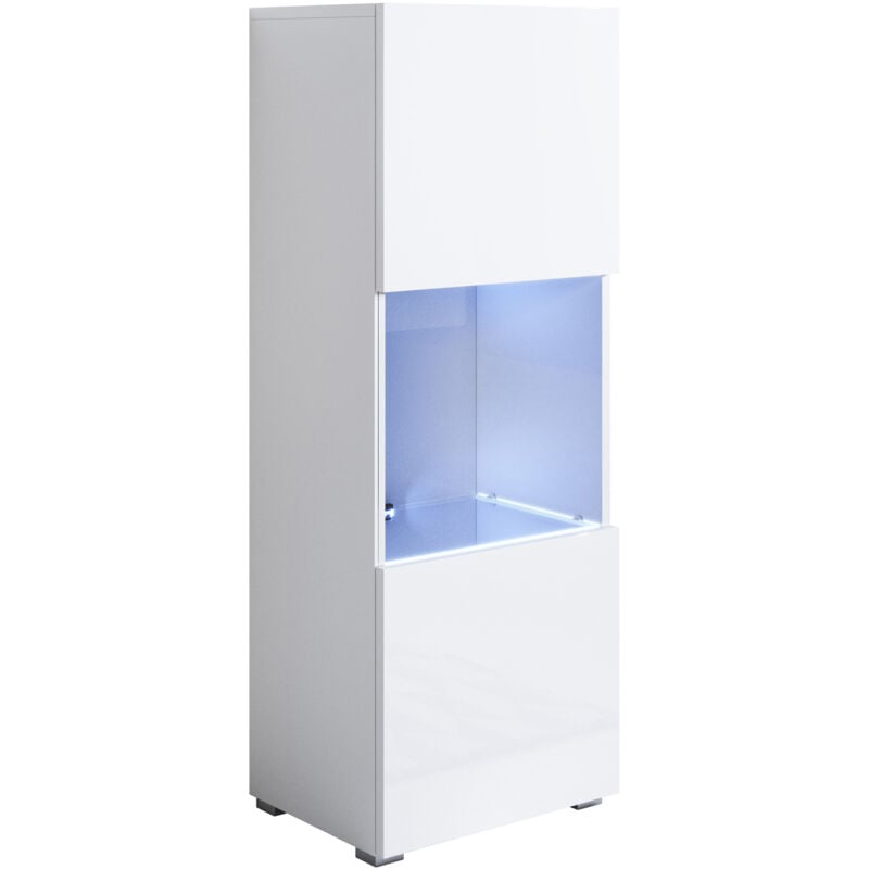 Vitrine avec pieds 2 cm avec LED 1 porte Meuble de Rangement avec pieds 40 x 128 x 29cm 3 compartiments Modèle Luke V3 Blanc Finition brillante